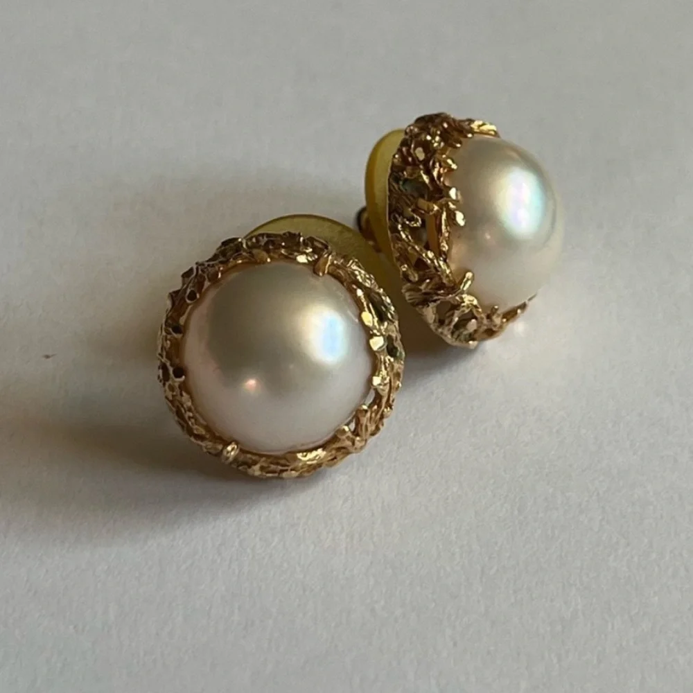 Stunning Vintage Estate 1980s 14k Gold Mobe Pearl Stud Earrings & Ring Set